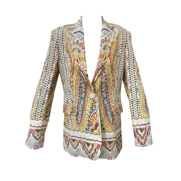 Zara Printed Linen Blend Set Blazer Flare Leg Pants Women's Small Multicolor - Picture 5 of 10